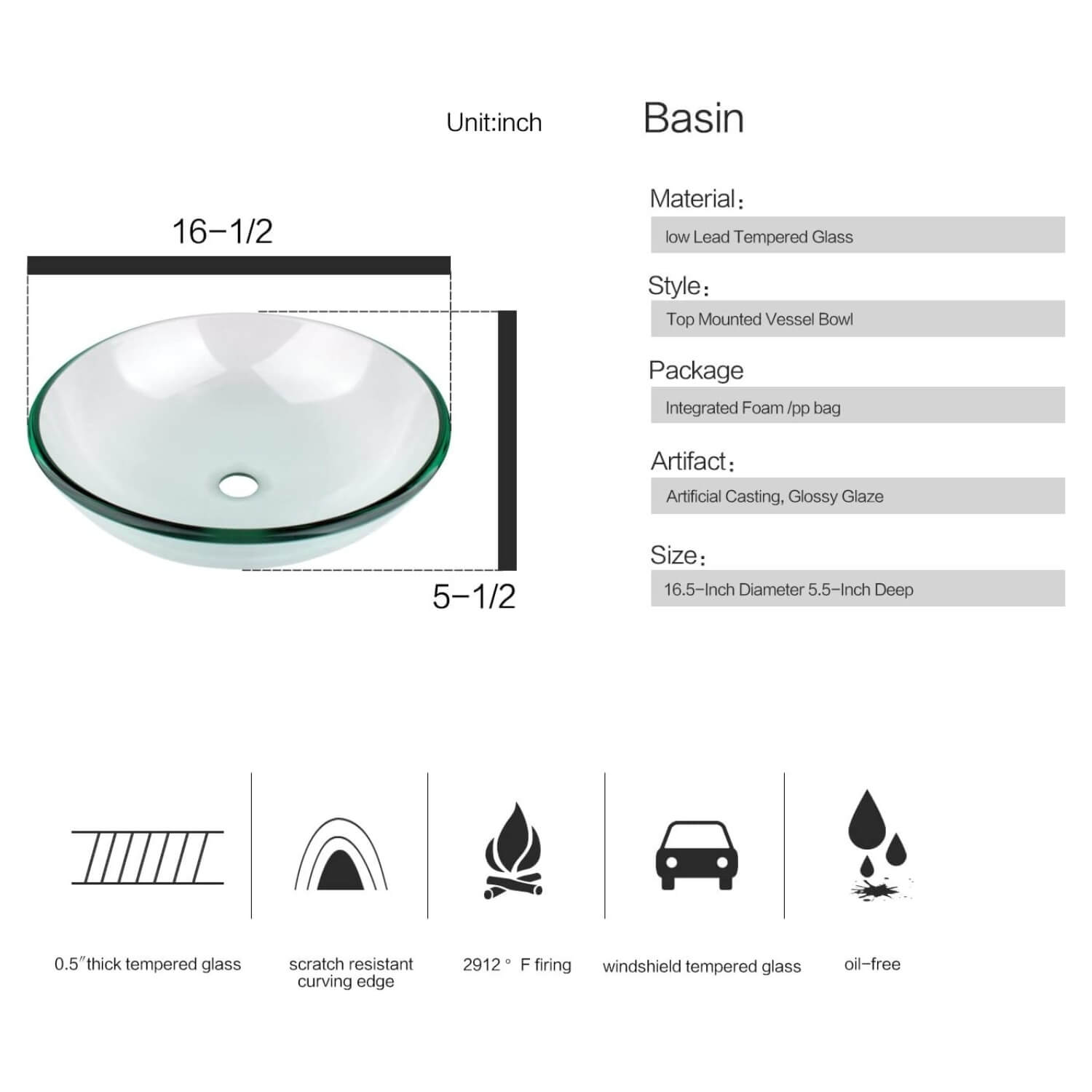 Description of elecwish clear glass Sink