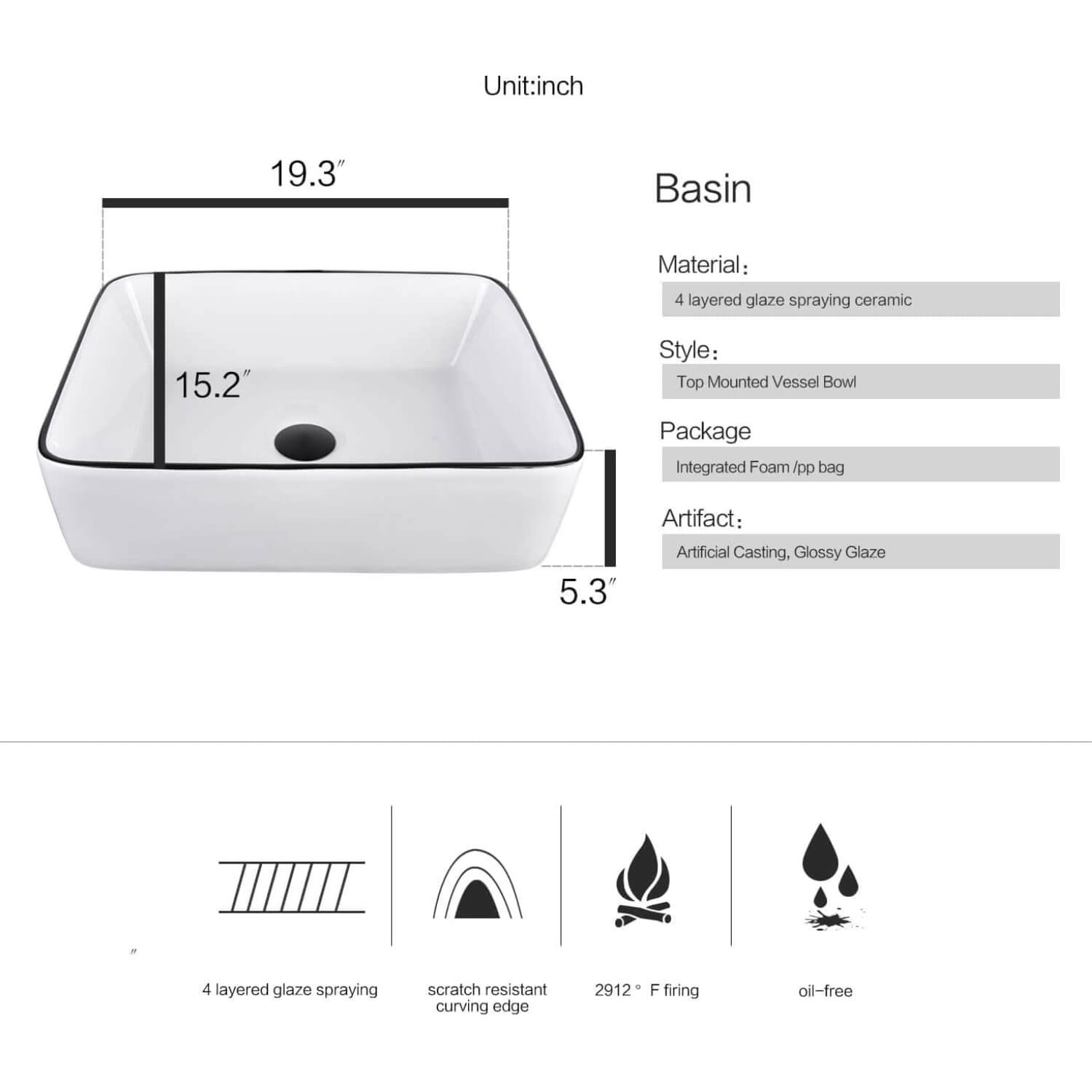 Elecwish white ceramic sink basin specification