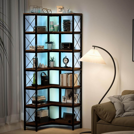 7-Tier Corner Bookshelf with LED Light Strips IF076