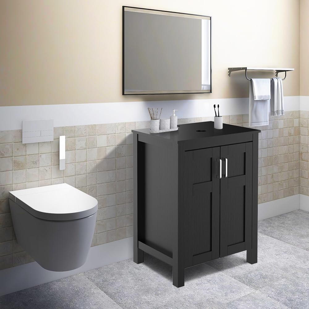 Elecwish 24'' Black Wood Bathroom Vanity HW1120 display scene