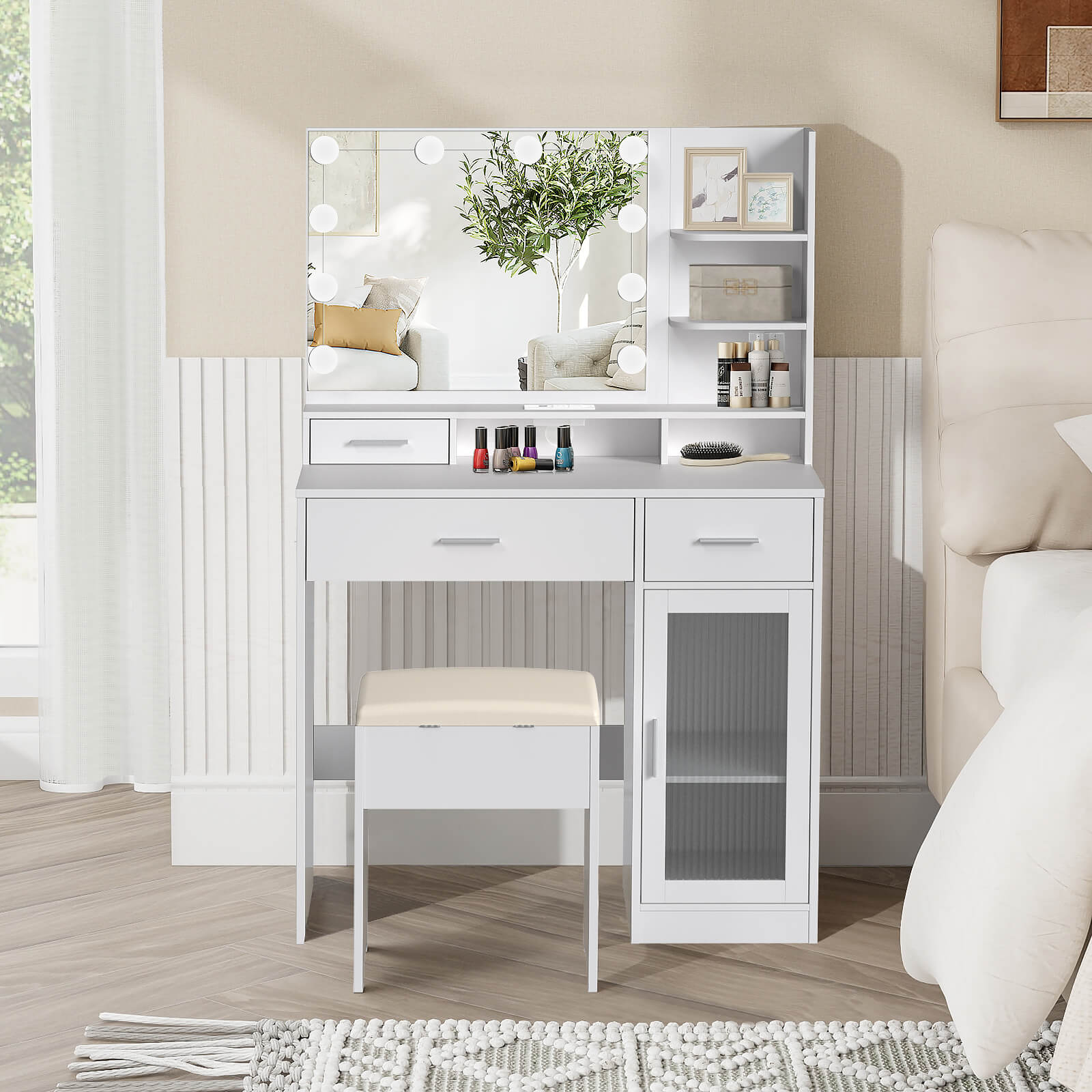 Vanity Desk with Mirror and Lights IF010 displays in the bedroom