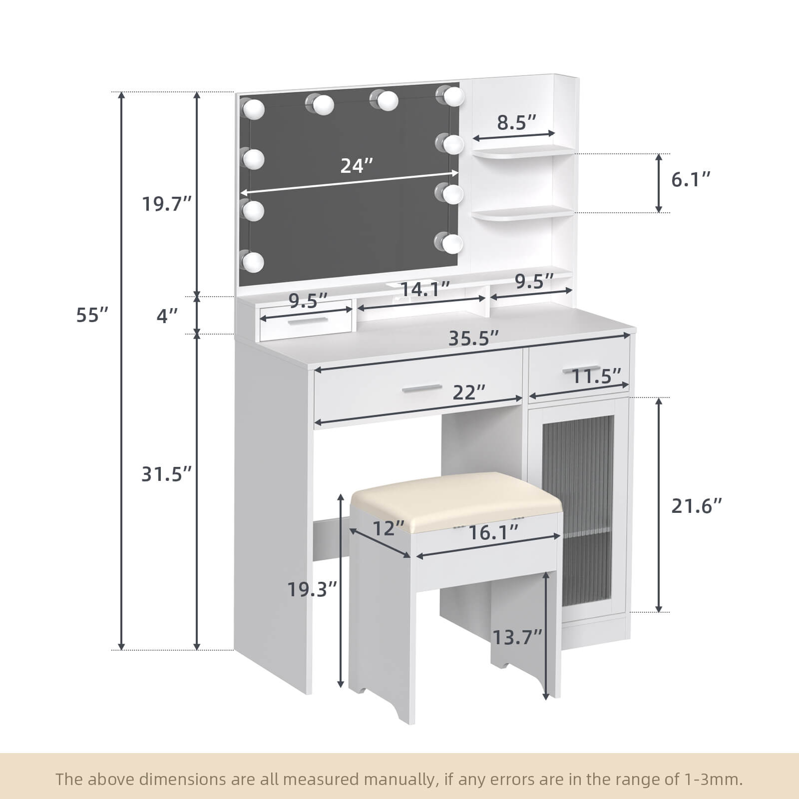 Vanity Desk with Mirror and Lights IF010 size