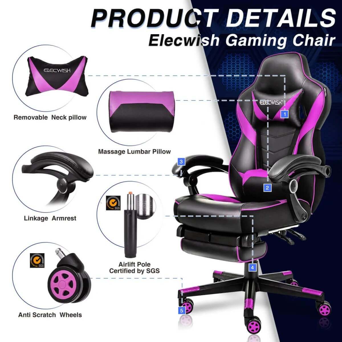 Elecwish Video Game Chairs Purple Gaming Chair With Footrest OC087 details