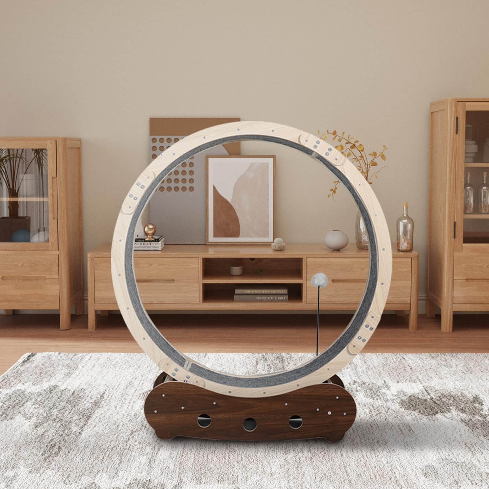 Wooden cat exercise wheel usage scene