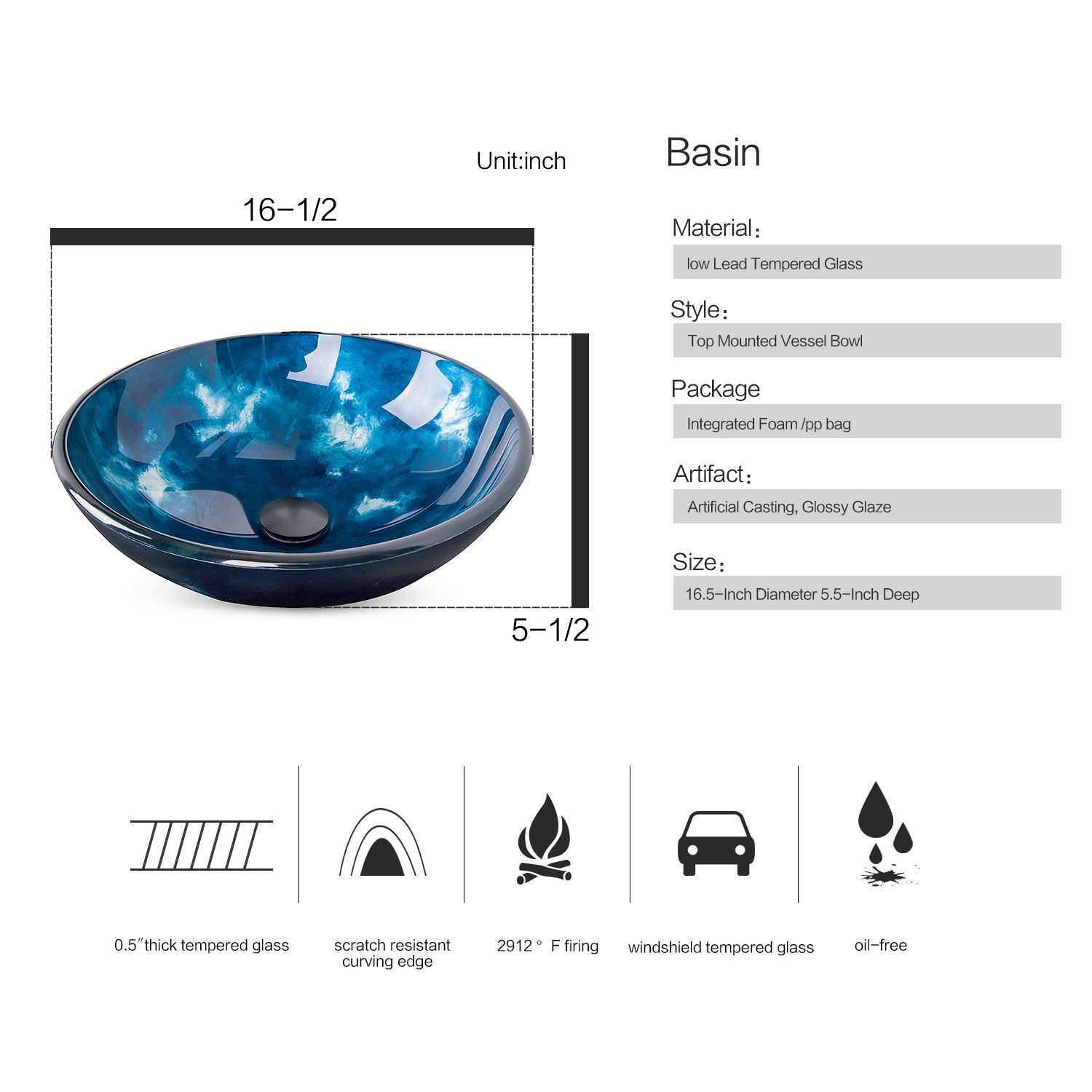 Elecwish round ocean blue sink basin size and description