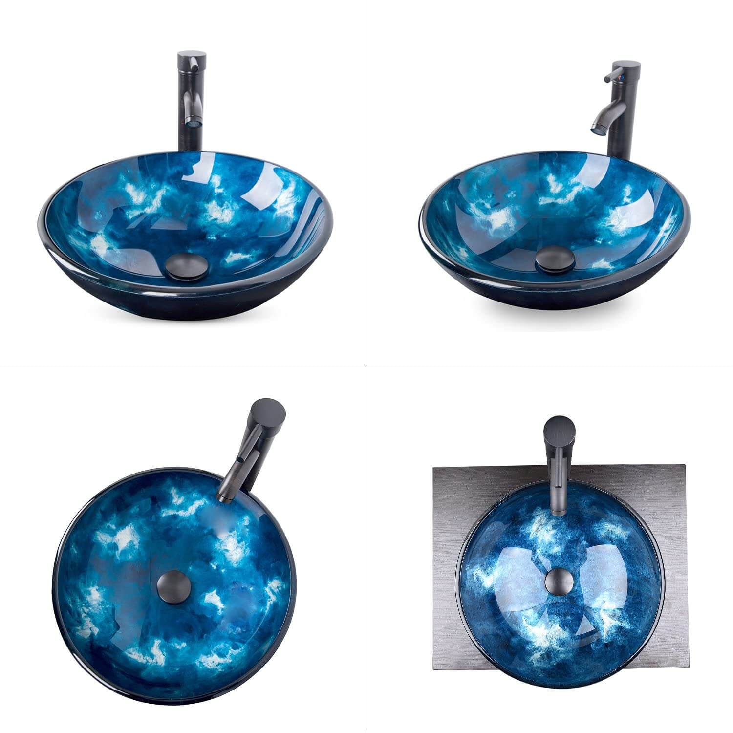 4 angles of blue glass sink