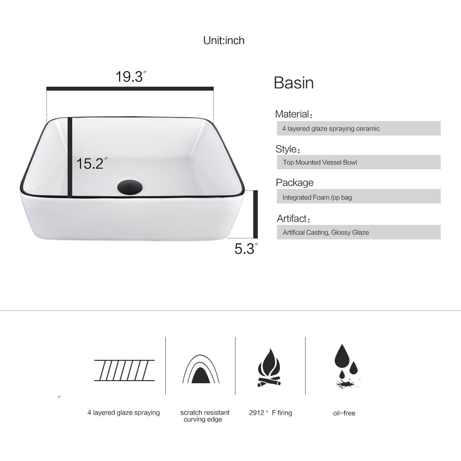 Elecwish white ceramic sink HW1125 basin size and features