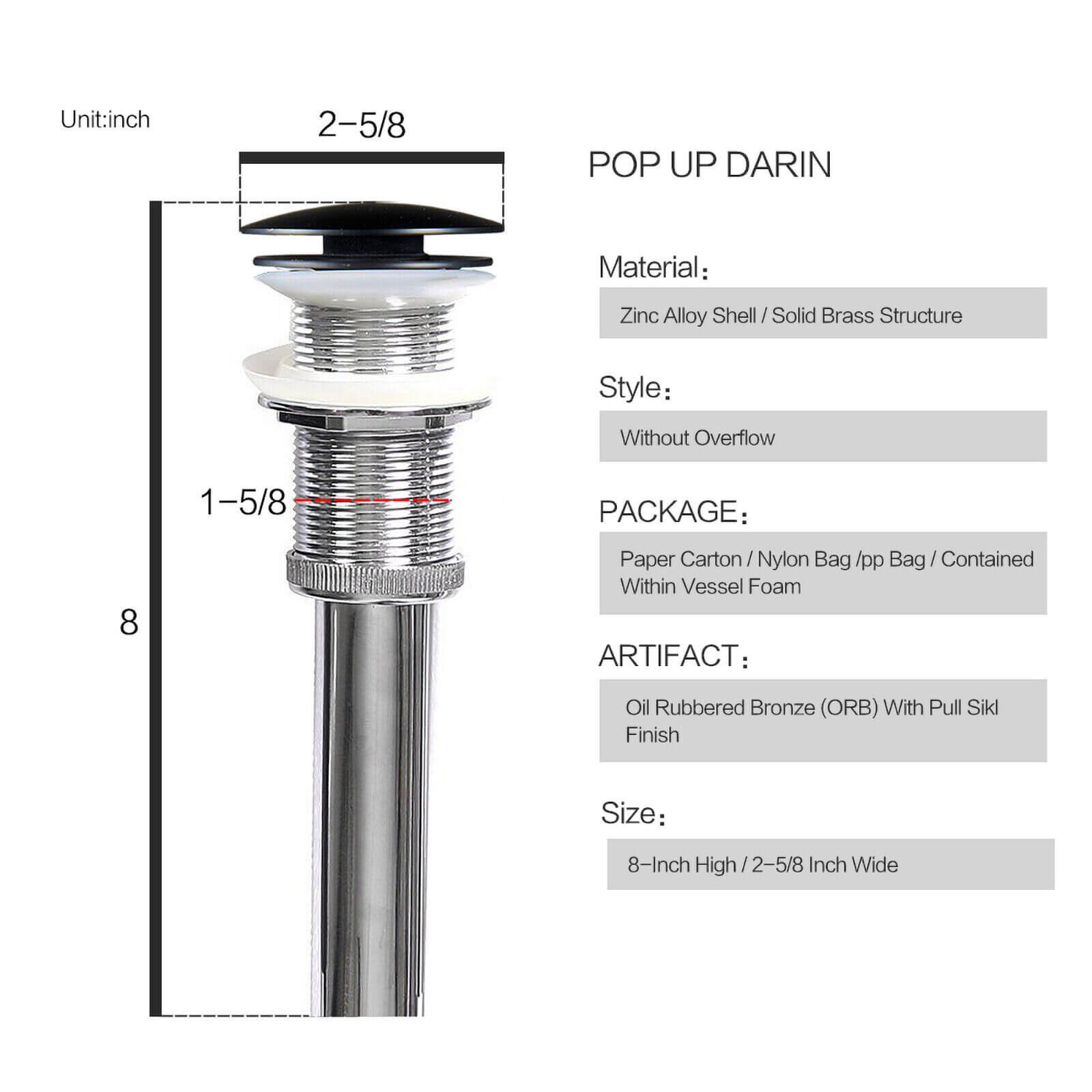 Detail specification of elecwish vessel sink pop up drainer