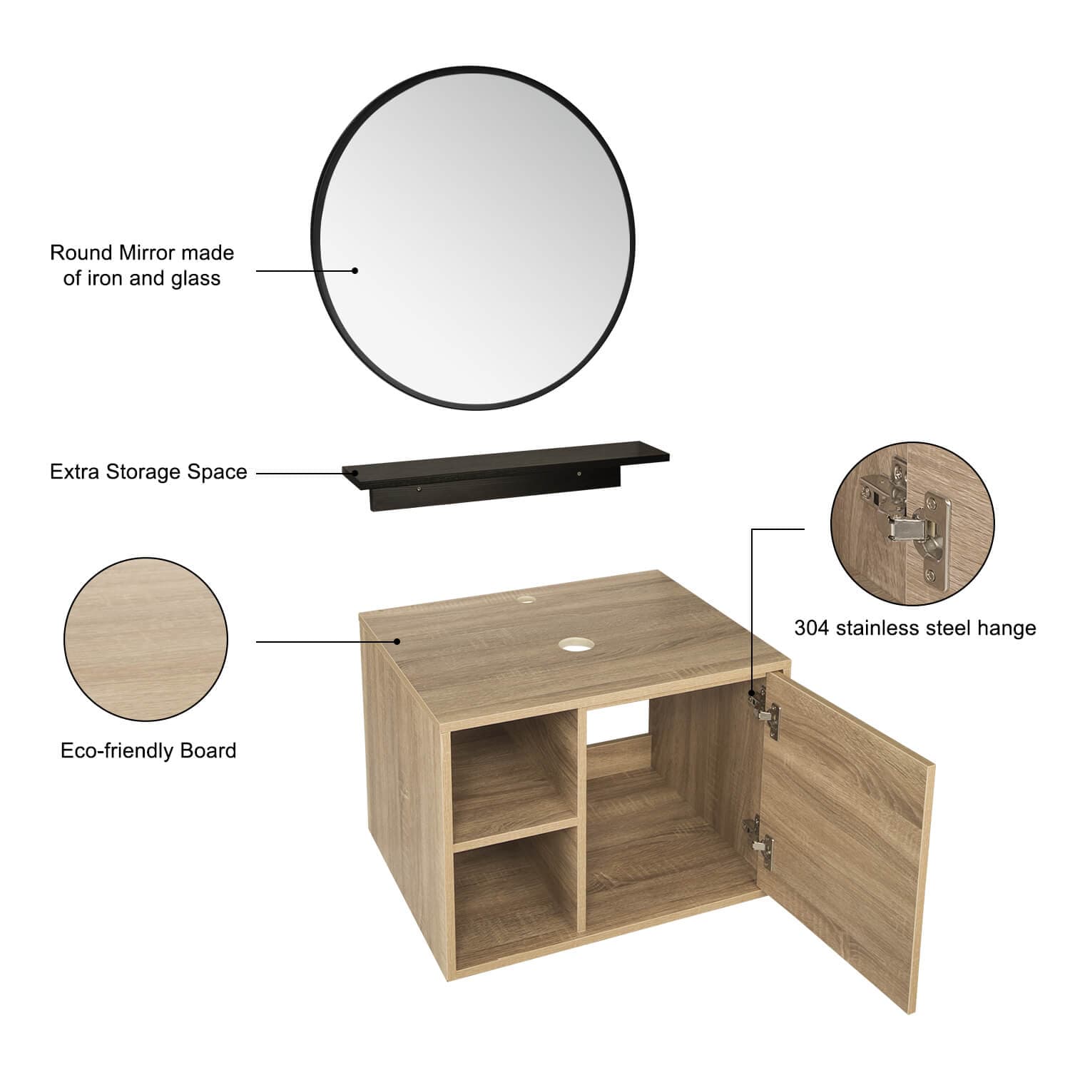 Elecwish Bathroom vanities 23.6" Modern Bathroom Vanity Cabinet With Round Mirror Wall-Mounted Side Shelf has 3 features