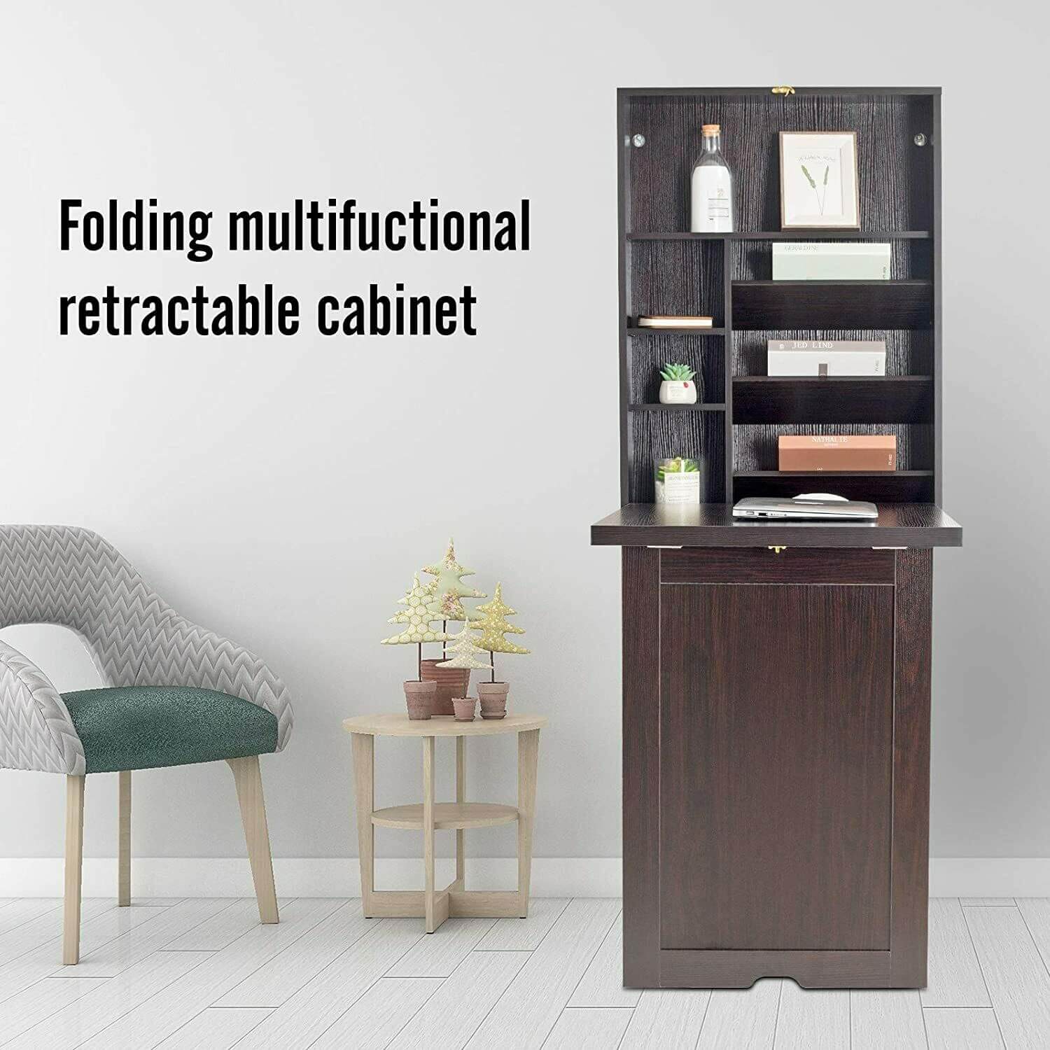 Elecwish Desk Walnut Wall Mounted Computer Desk HW1096 is folding multifuctional retractable cabinet