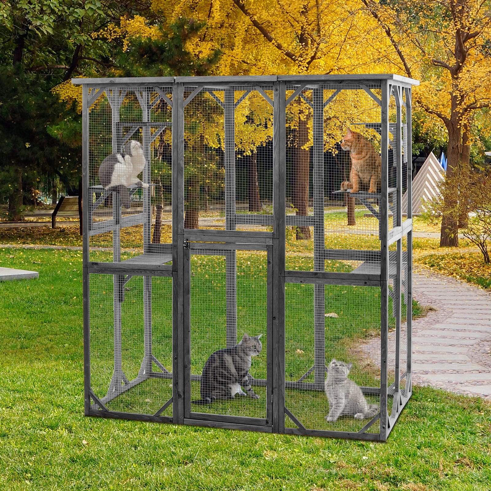 Elecwish Cat House Catio Enclosure with Wire Mesh PE1001GY display scene