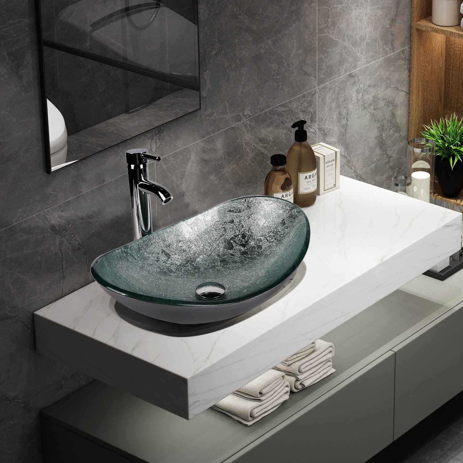 Elecwish silver boat glass sink GB0005-SI display in bathroom