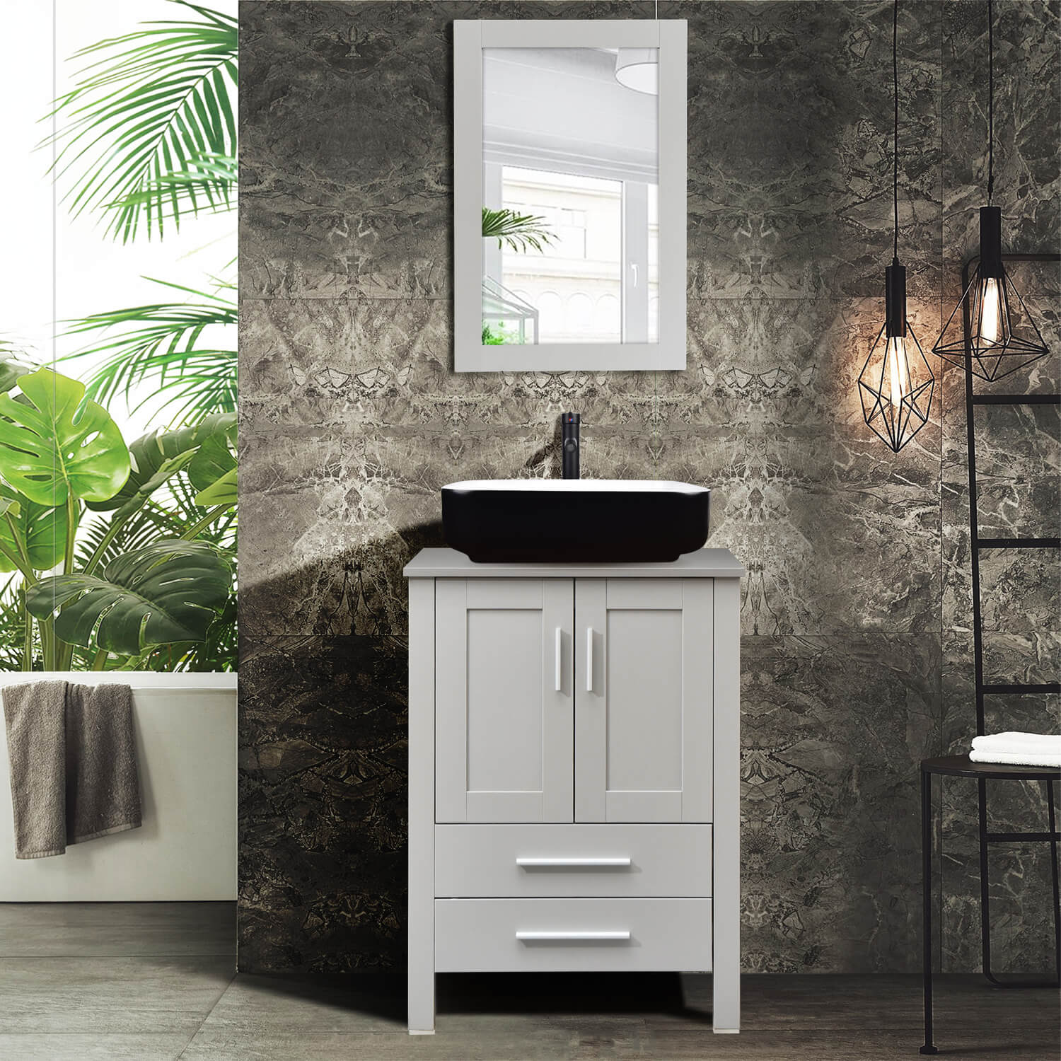 Elecwish gray wood bathroom vanity with black ceramic sink HW1124 in bathroom