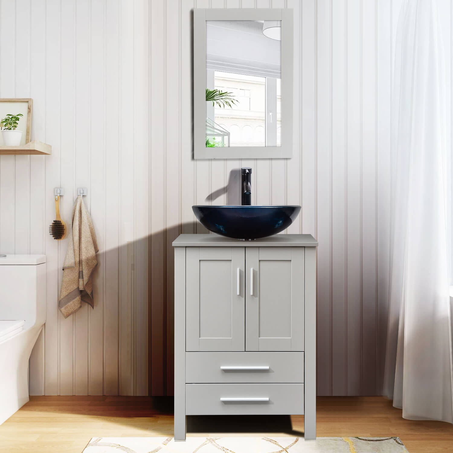 Elecwish gray wood bathroom vanity with blue glass sink BA20077 in bathroom