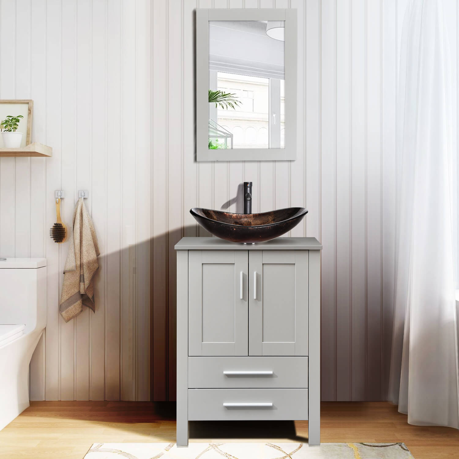 Elecwish gray wood bathroom vanity with gold boat glass sink BA20065 in bathroom