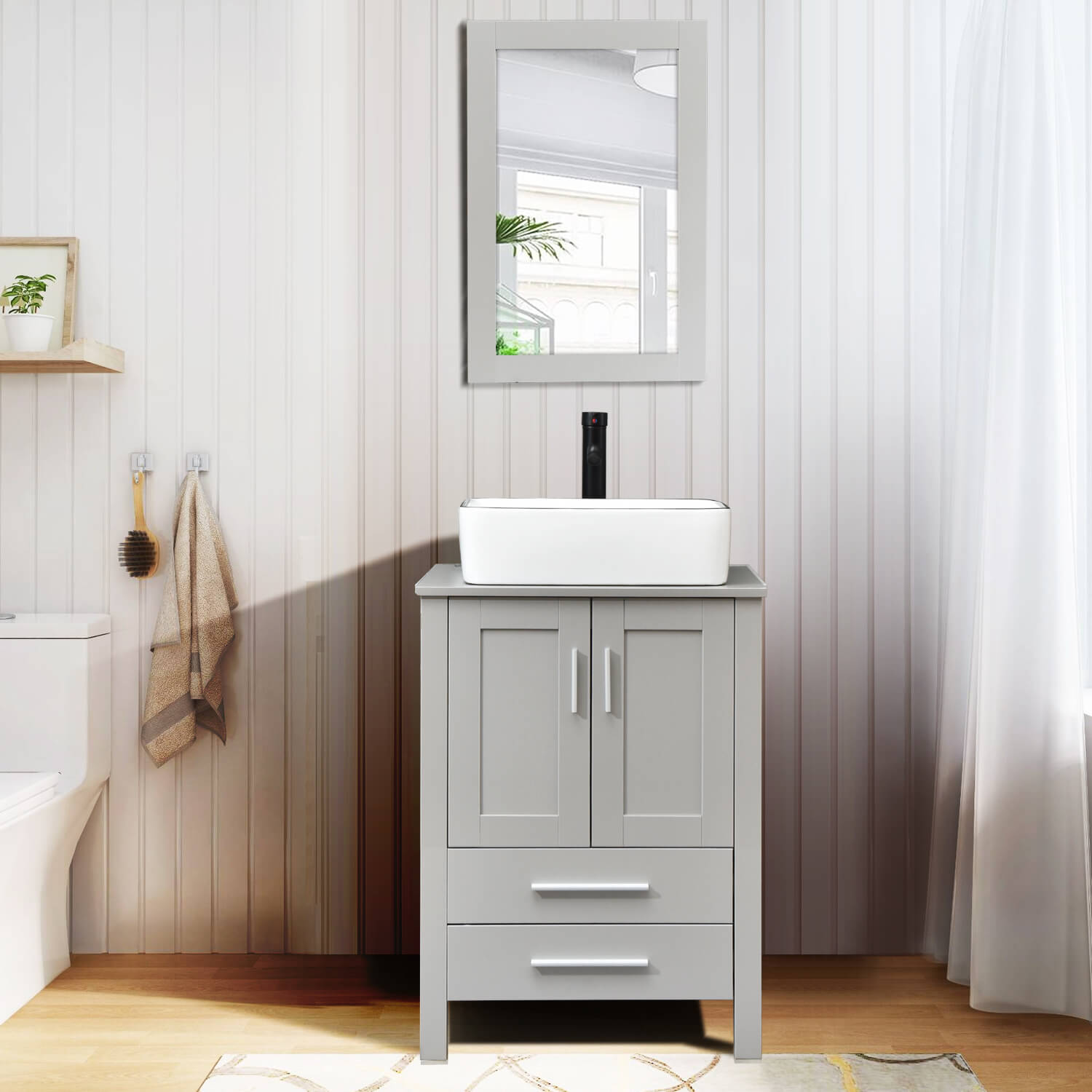 Elecwish gray wood bathroom vanity with white ceramic sink HW1125 displays in bathroom