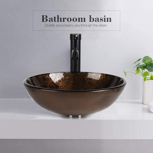 Elecwish Vessel Sinks Artistic Round Bathroom Vessel Sink Glass Combo with Faucet Drain,Brown