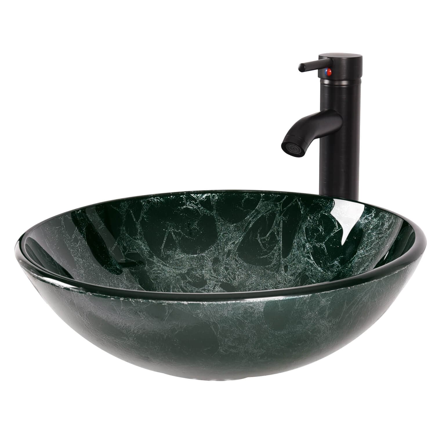 Elecwish Vessel Sinks Bathroom Artistic Vessel Sink Glass Bowl Faucet Drain Combo,Green