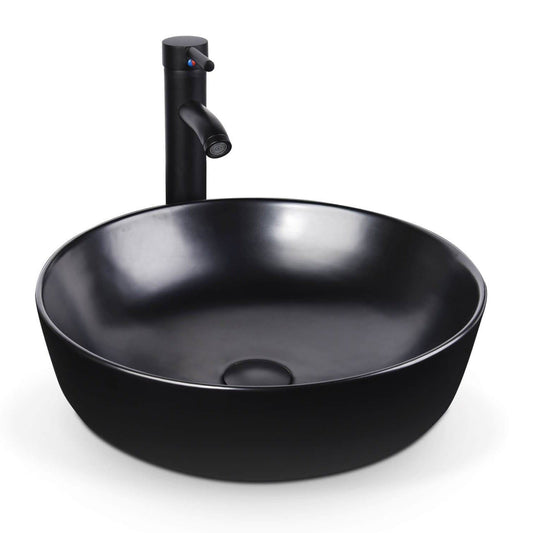 Elecwish Vessel Sinks Bathroom Sink and Faucet Combo Ceramic Vessel Sink Basin,Round Black