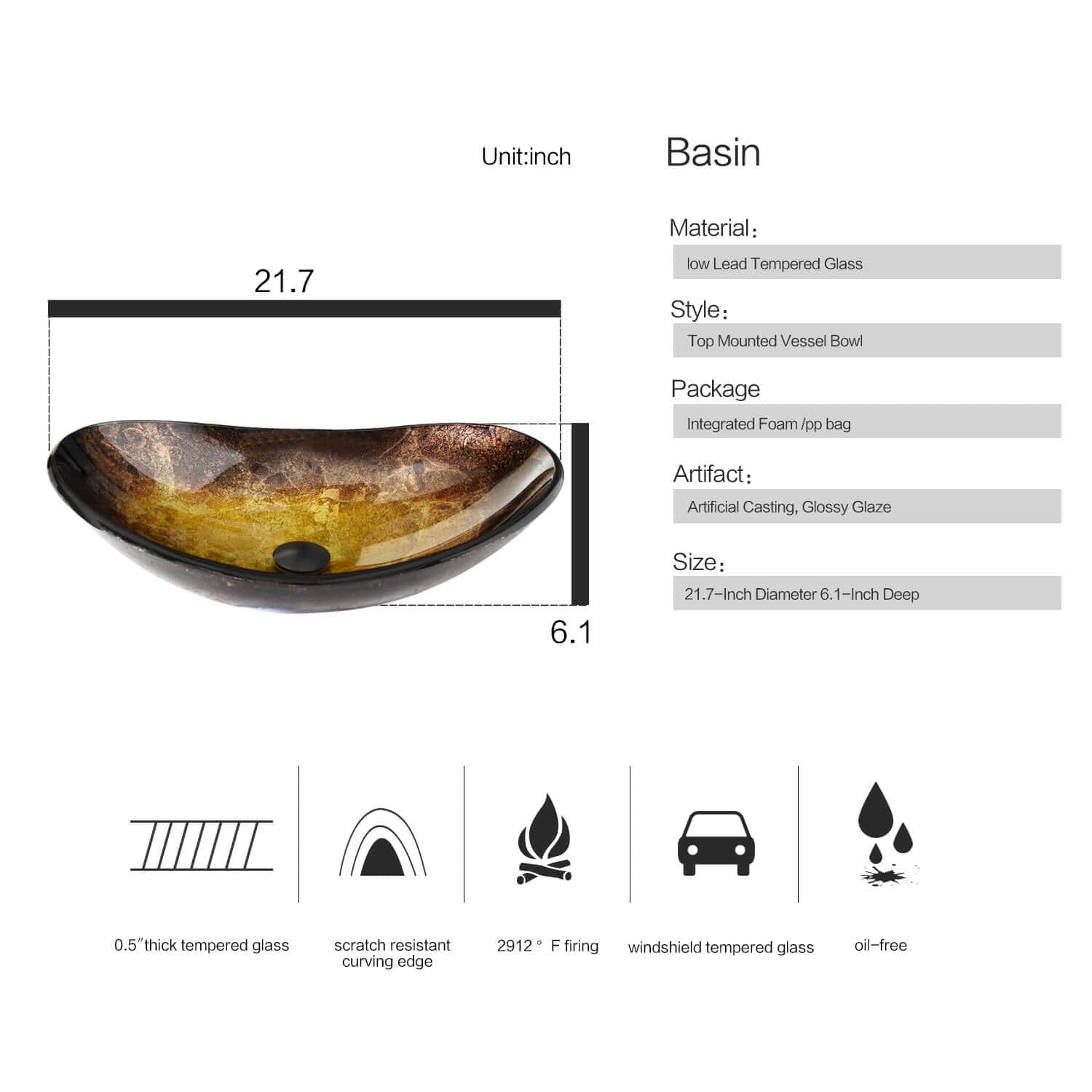 Gold Oval Boat-Shaped Glass Vessel Sink BA20065 basin size and specification