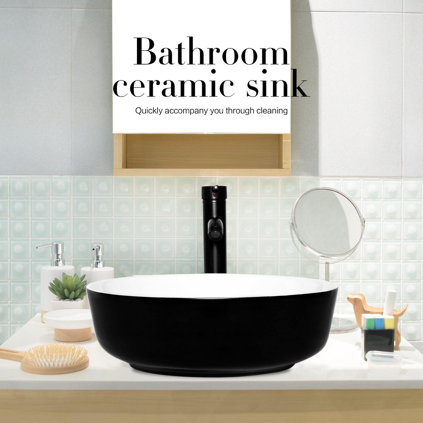 Elecwish Vessel Sinks Ceramic Bathroom Sink with Faucet Drain Combo,Round Black and White display scene