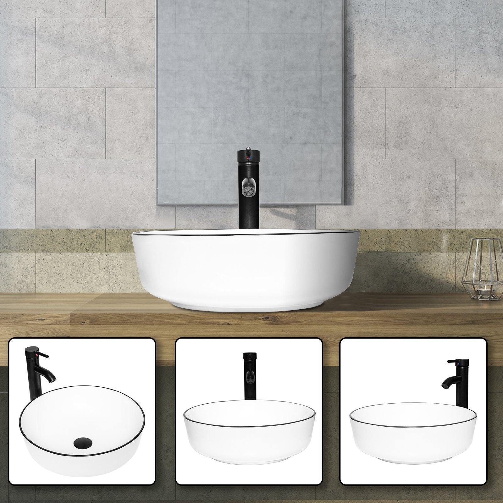 Different angle views of Elecwish White Ceramic Vessel Sink BG1009